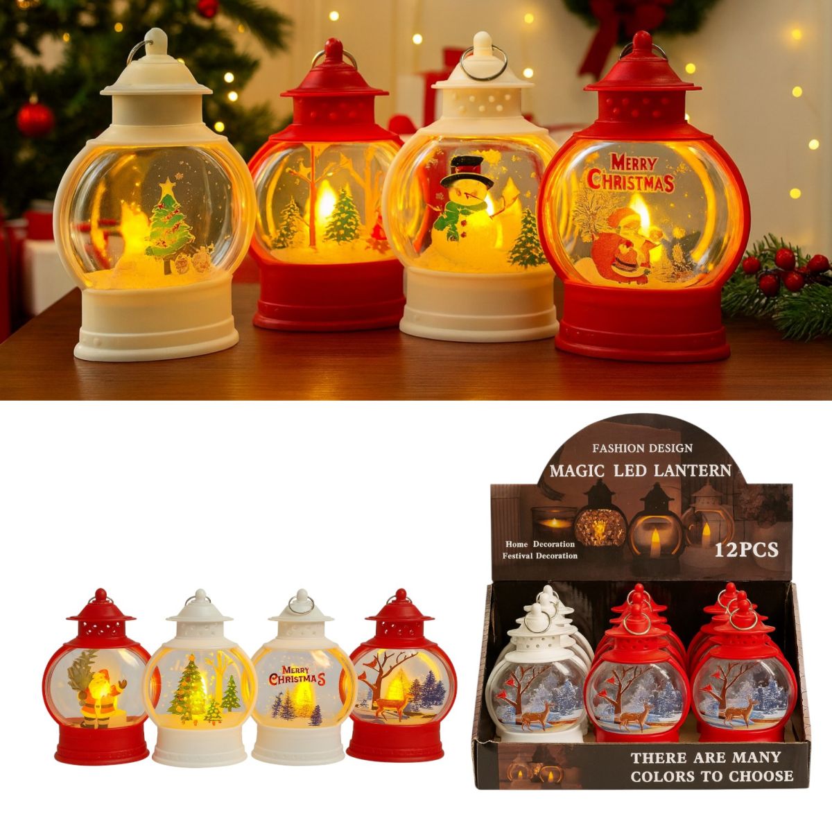 Lampă LED 12.5x9cm, Model Felinar Rotund 12/set de Crăciun, cu Lumină Caldă, Diferite Modele Colorate Engros