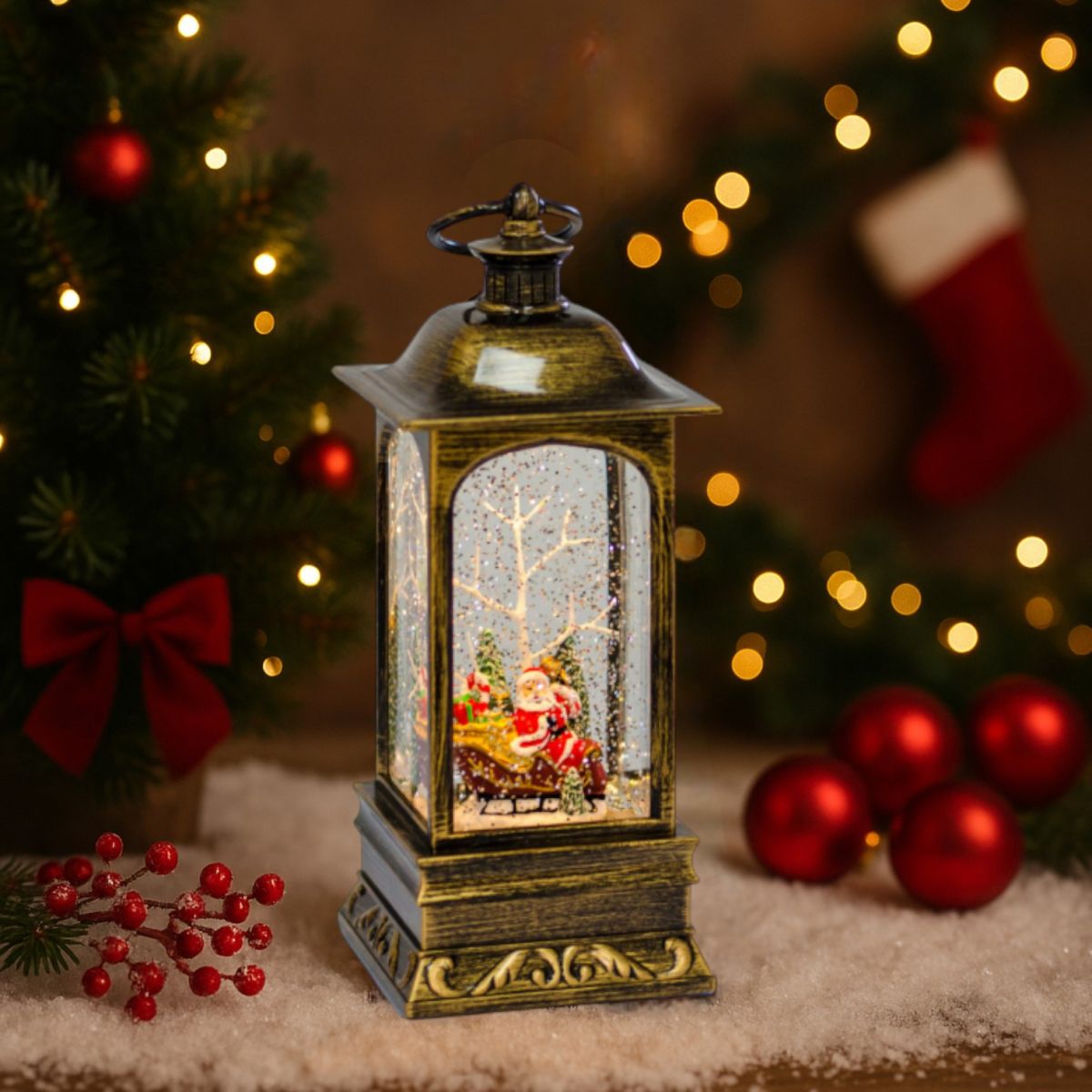 Felinar LED 24x9cm de Crăciun, cu Apă și Sclipici, Muzical, cu Lumină Caldă, Diferite Modele Engros