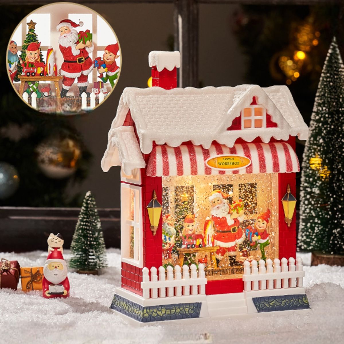 Felinar Muzical LED 26x17cm, Model Căsuță de Crăciun „Atelierul lui Moș Crăciun”, cu Apă și Sclipici Engros