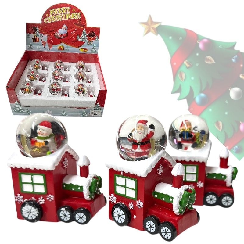 Globuri decorative din sticlă cu figurine de Crăciun pe suport trenuleț , set 9 bucăți (7.2/5.2cm, h 10cm)