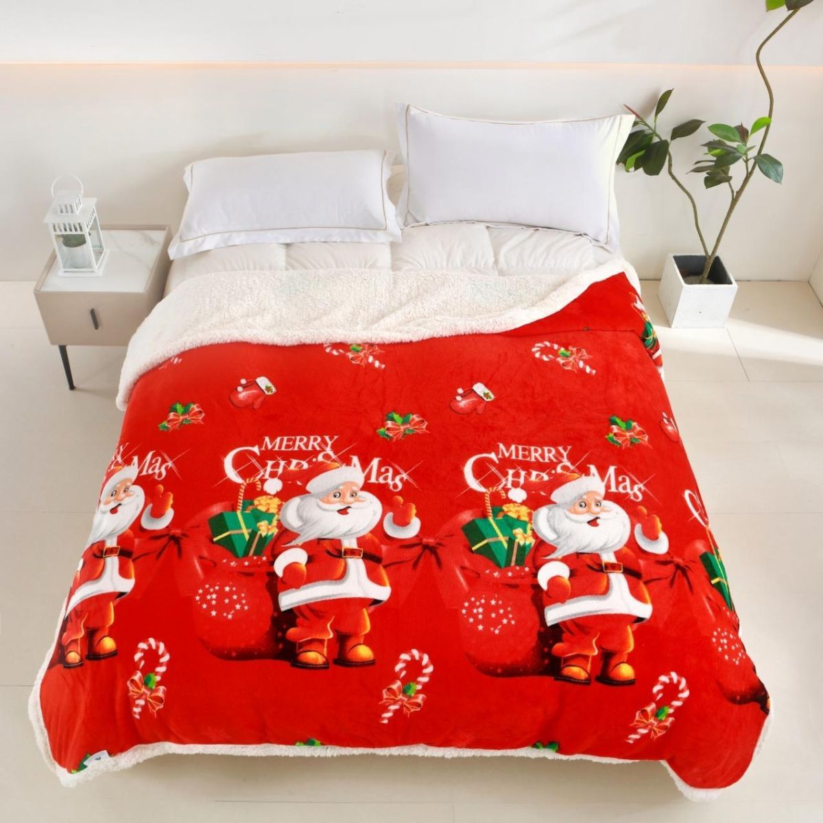 Patura cocolino cu blăniță model de Craciun 200x230cm