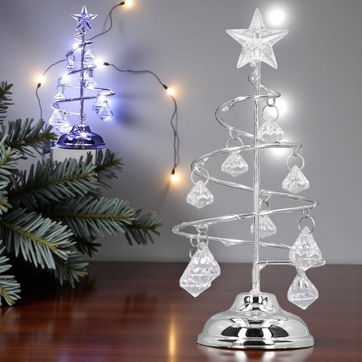 Brad decorativ argintiu cu cristale acrilice – ornament elegant de Crăciun, 43 cm , En-gros