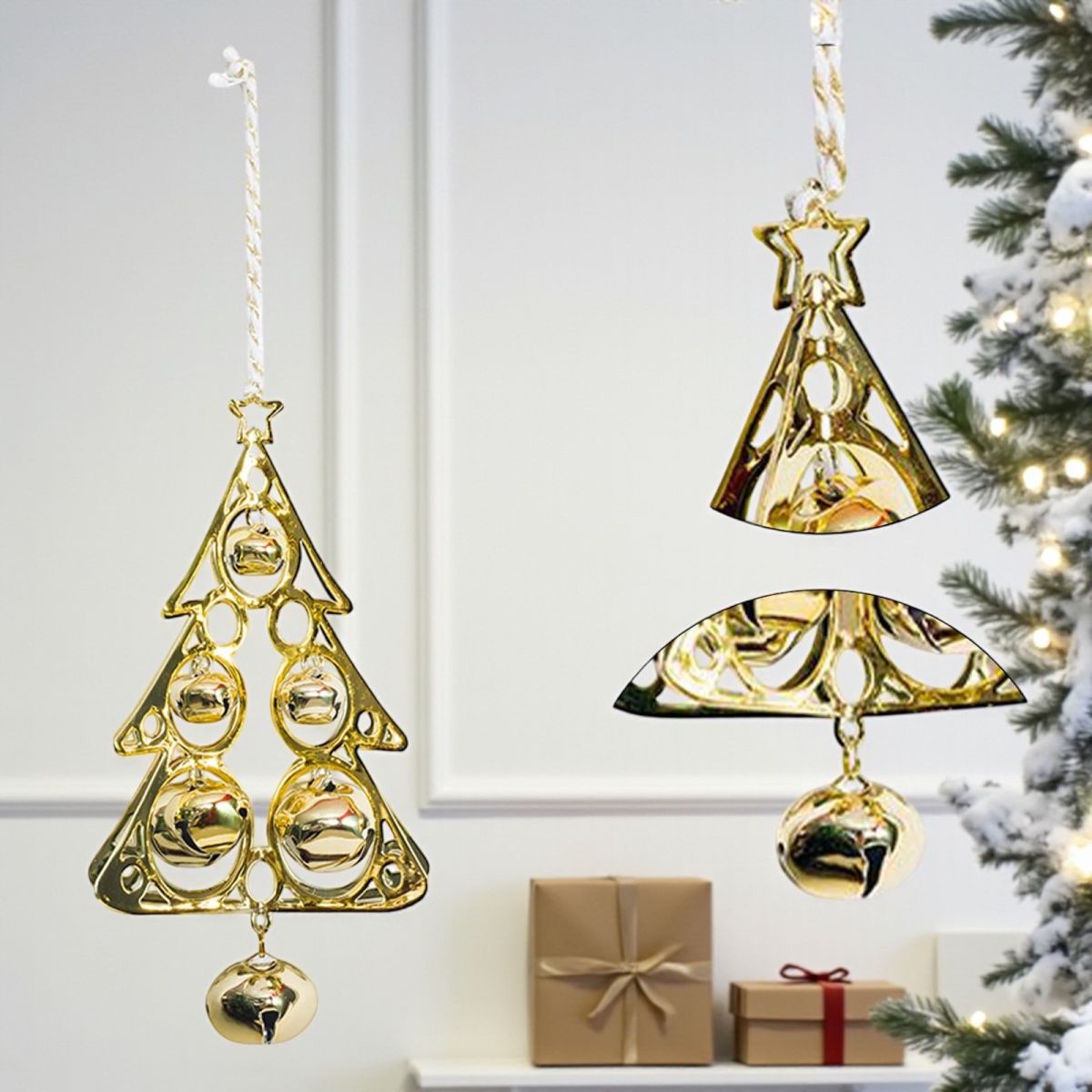 Ornament auriu metalic „Brad cu clopoței” – decorațiune elegantă de Crăciun, 20 cm,En-gros