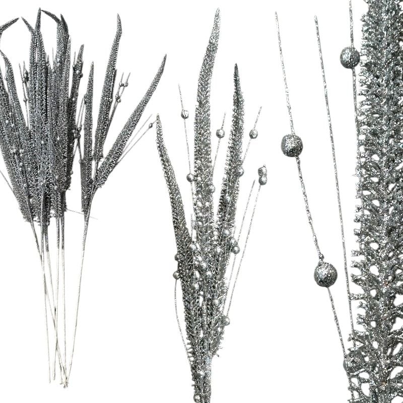 Crenguță Strălucitoare Argintie cu 3 fire și Mici Bile Delicate cu Sclipici, 76 cm