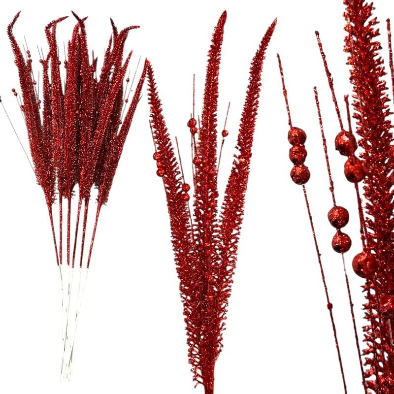 Crenguță Strălucitoare Roșie cu 3 fire și Mici Bile Delicate cu Sclipici, 76 cm