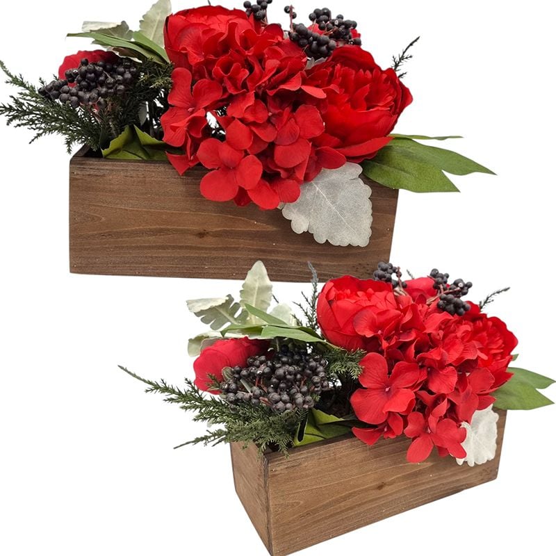 Decoratiune florala in Jardiniera de lemn, pentru decor Craciun, 25 x 12 x 23 cm