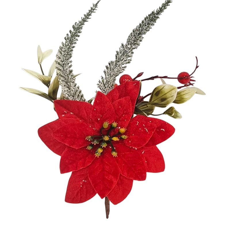Crenguta decorativa cu craciunita catifea si verdeata, 20 cm inaltimea si 12 cm marime capat