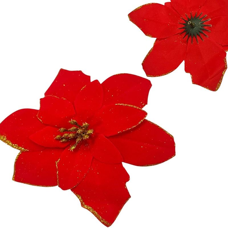 Capete Craciunite catifelate cu sclipici, 16 cm capat floare