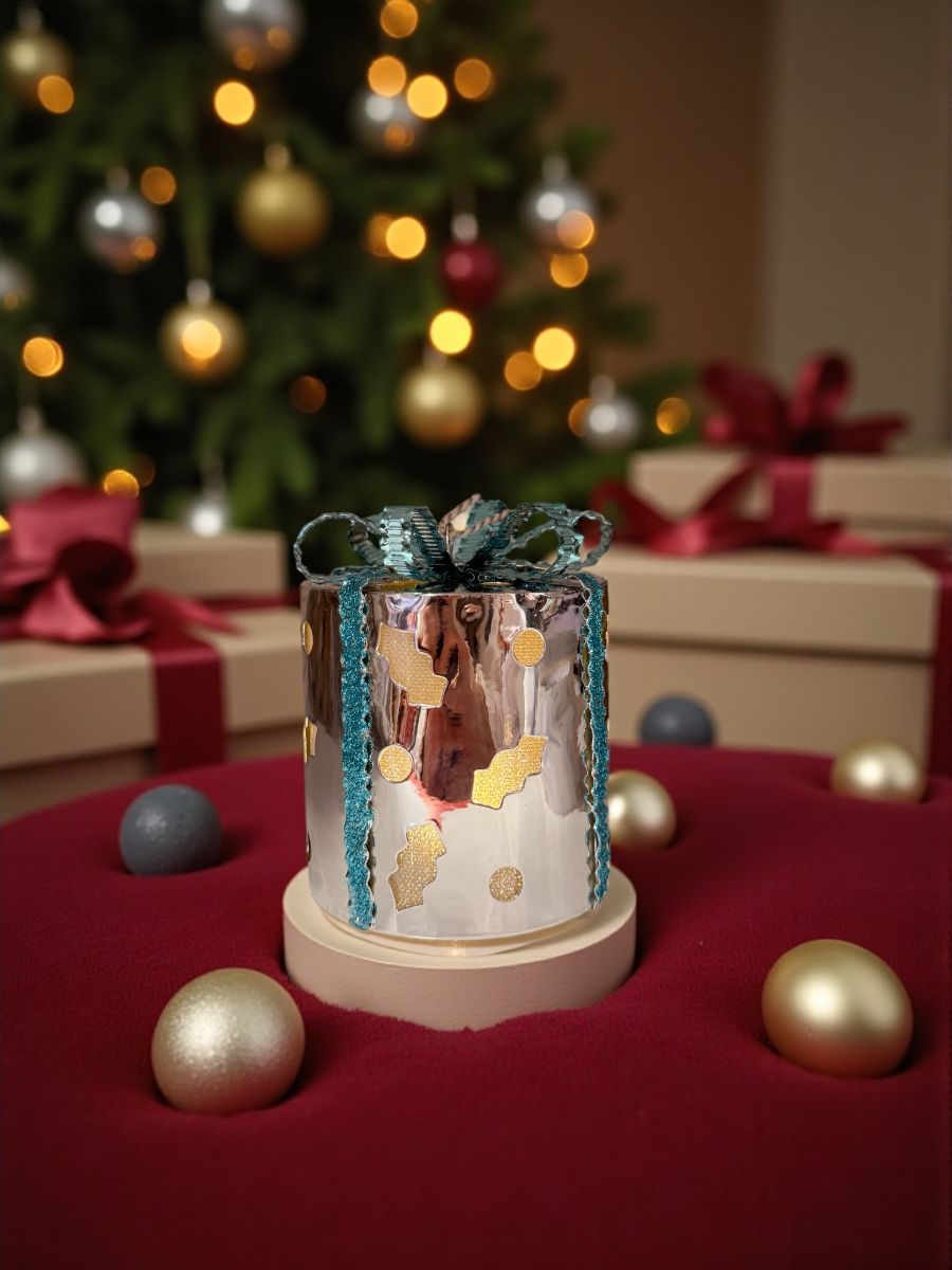 Cadou decorativ de Crăciun metal – Argintiu cu panglică albastră, 14 cm,En-gros