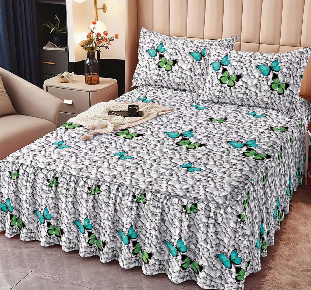 TRIO Lenjerii cu Volanase En-Gros, Serie 3 Modele Diferite, Material Bumbac tip Finet, pentru Pat Dublu, 160x200, cu 2 Fete de Perna 48x75 Incluse
