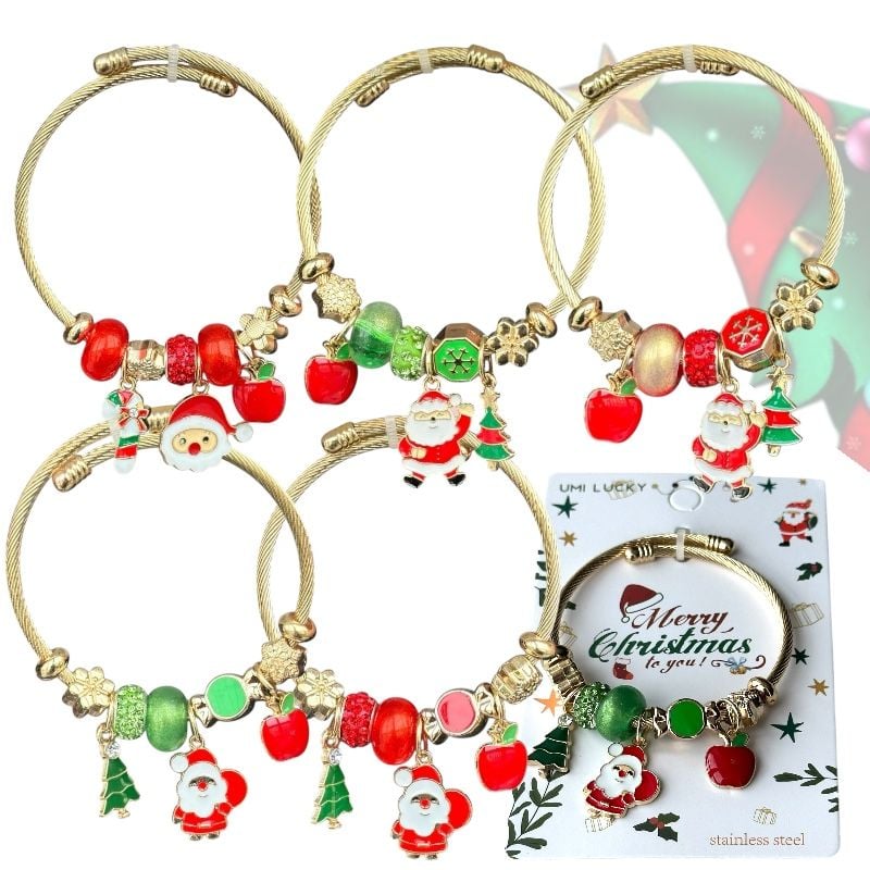 Brățară de Crăciun tip Pandora cu pandantive aurii, set 12 bucăți, en-gros