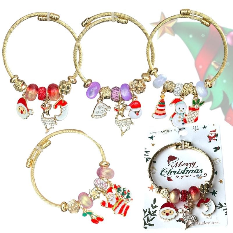 Brățară de Crăciun tip Pandora cu pandantive aurii, set 12 bucăți, en-gros