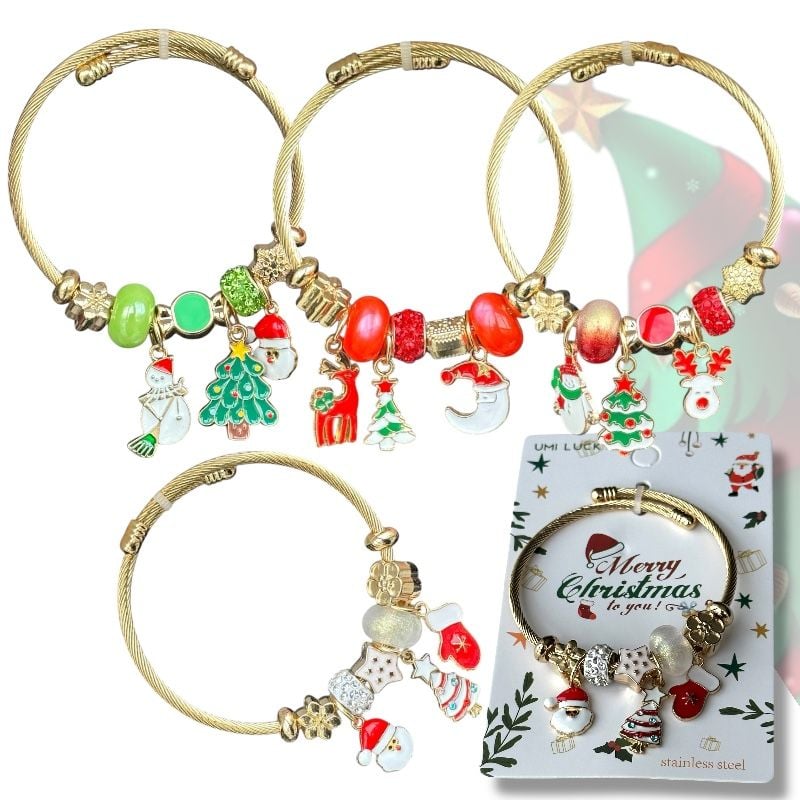 Brățară de Crăciun tip Pandora cu pandantive aurii, set 12 bucăți, en-gros