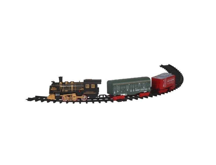 Set Tren de Crăciun Electric cu Lumină și Sunet, Locomotivă, 2 Vagoane și Șină 78 cm, Plastic Rezistent, En-Gros
