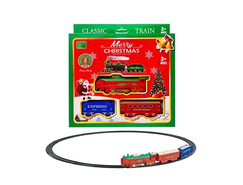 Set Trenulet de Jucărie cu Baterii, Locomotivă, 3 Vagoane și Accesorii, cu Lumină, Pachet Cadou de Crăciun, En-Gros