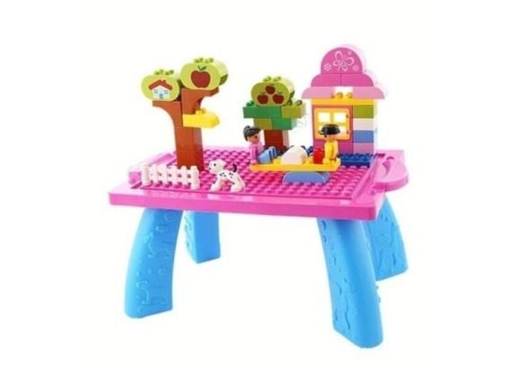 Set Masă cu Cutie și 100 Cuburi de Construcție Roz, Plastic Rezistent, 46x26x19 cm, Pentru Copii 3+, En-Gros