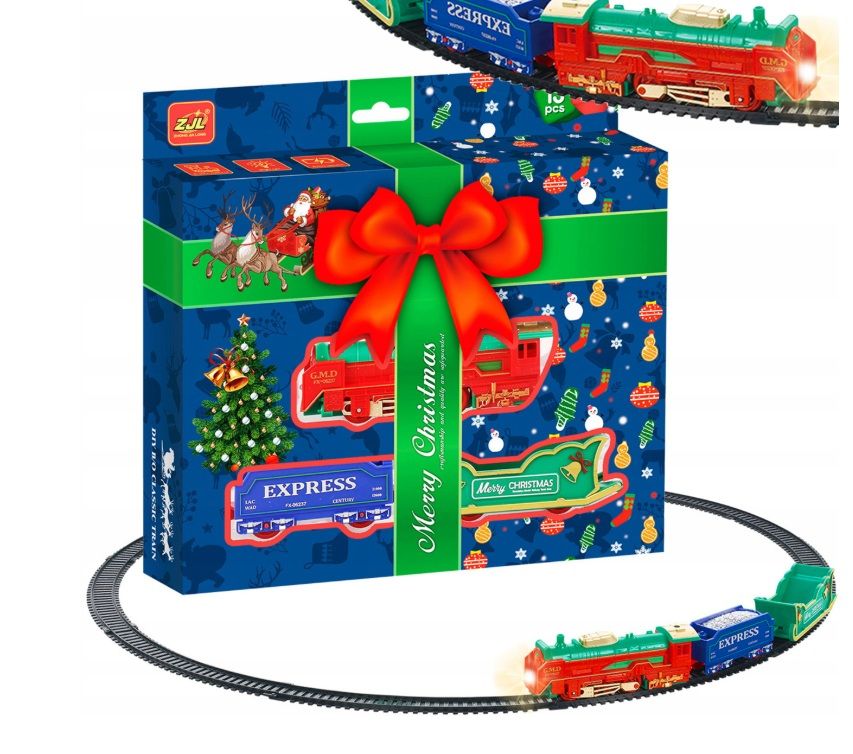 Set Trenulet Electric de Jucărie cu Motiv de Crăciun, Locomotivă cu 2 Vagoane, 13 Piese, Lumini Ambientale, 25x25 cm, En-Gros