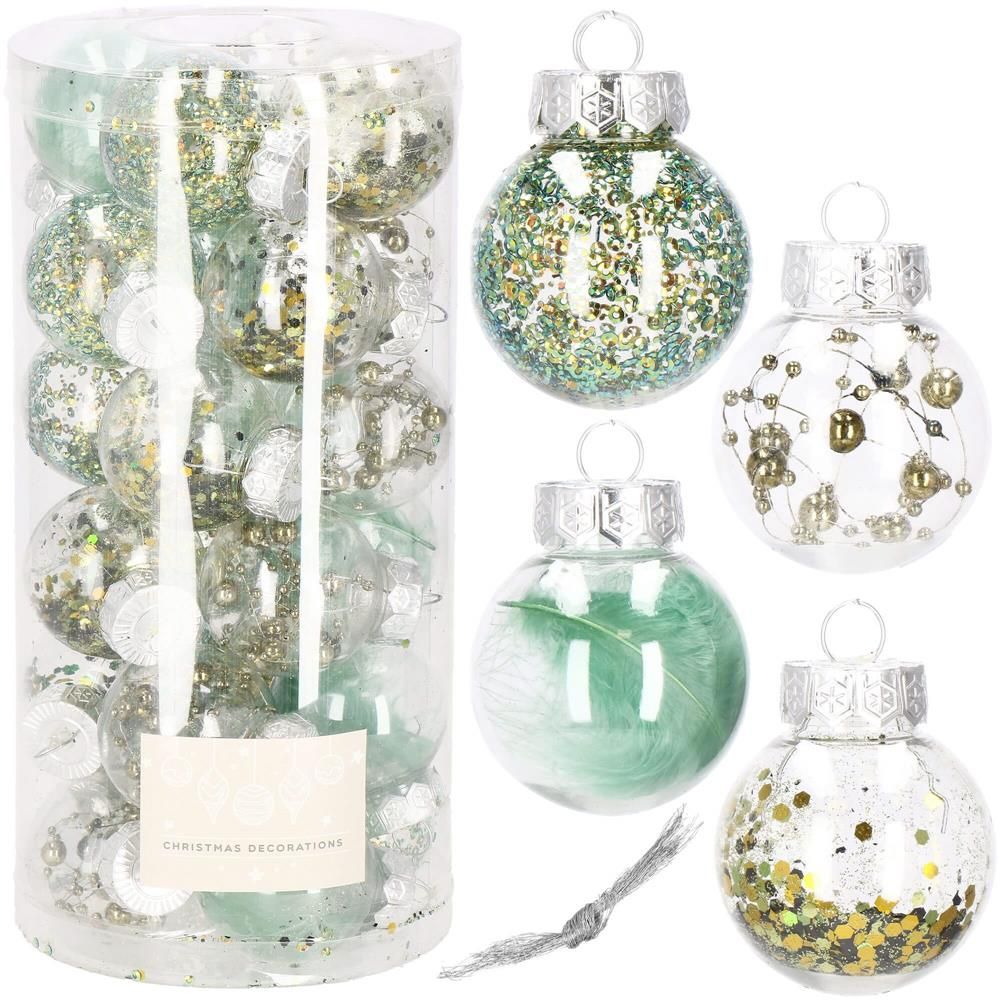 Set globuri de Craciun Inedit, 24 bucati, 5cm, transparente si verde Engros