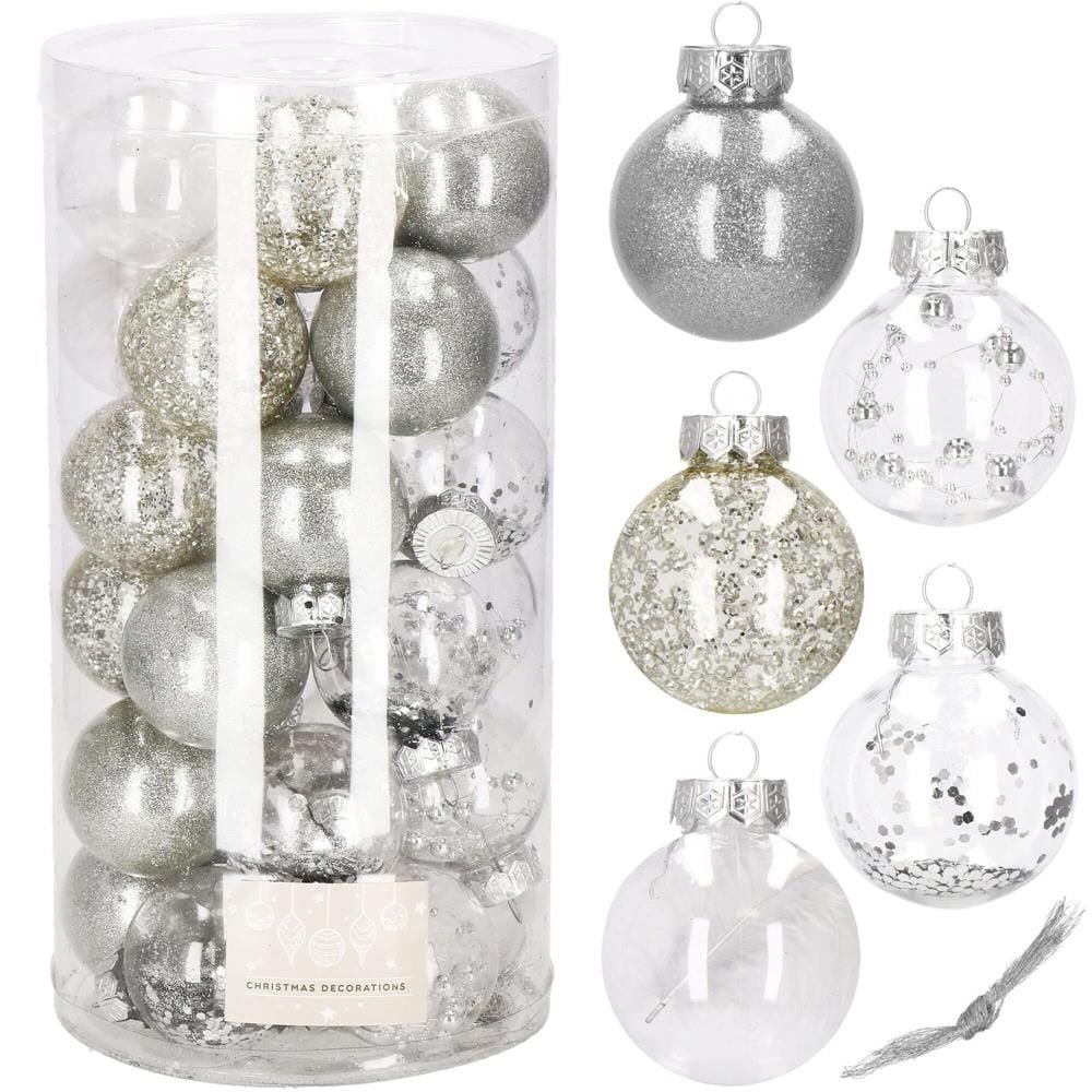Set globuri de Craciun Inedit, 30 bucati, 6cm, transparente si argintiu Engros