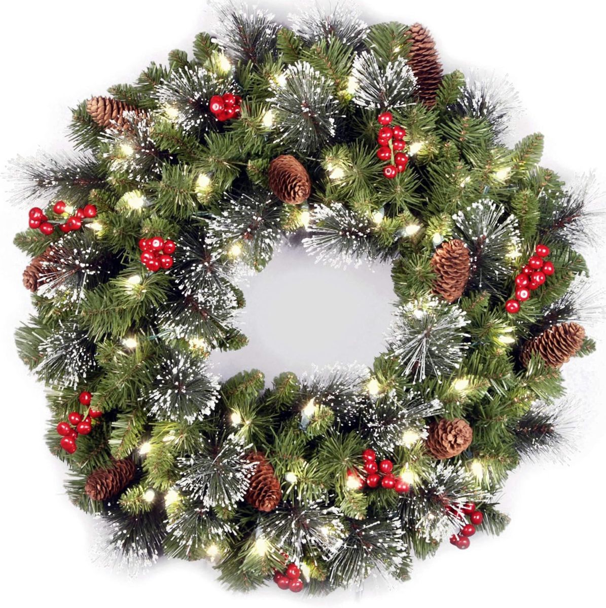 Coroniță Decorativă Crăciun 40cm cu 20 LED-uri Calde, Conuri și Fructe Roșii, Ramuri cu Zăpadă Artificială Engros
