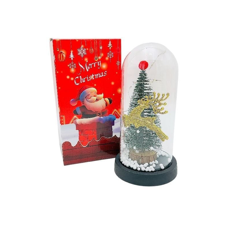 Cupola decorativa de Craciun cu lumini led,bradut nins si ren auriu, cutie de cadou inclusa, 22x11x11cm Engros