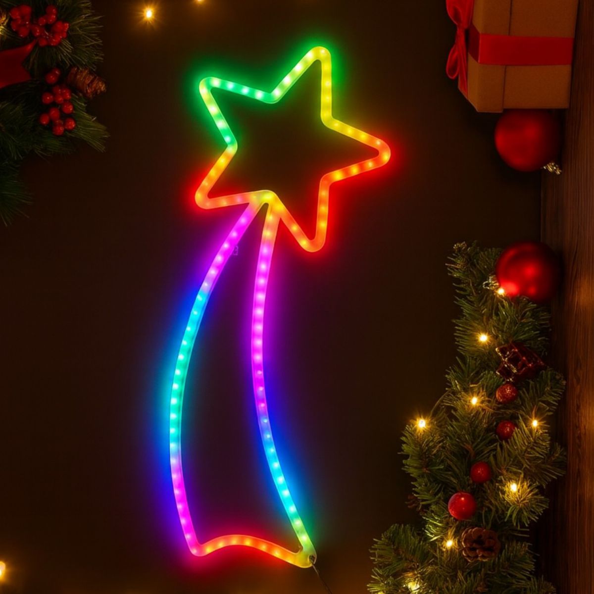 Decoratiune Crăciun 65x28cm Model Stea, cu Lumină Multicolora LED din Silicon, Ornament Suspendat Transparent Engros