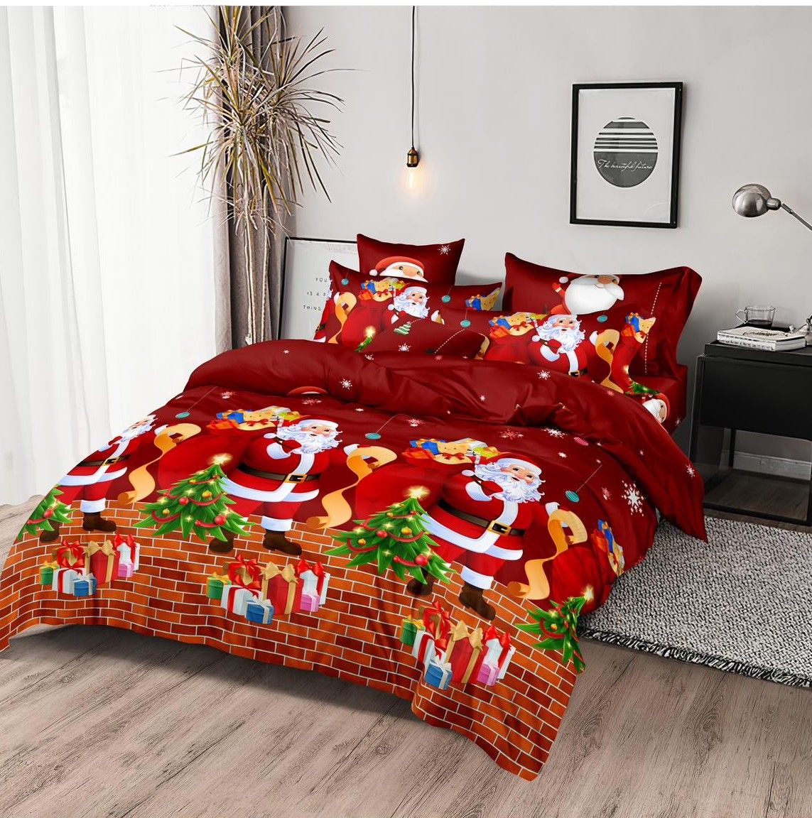 Trio Lenjerii Craciun En-Gros, SERIE 3 MODELE DIFERITE, din Bumbac Premium tip Finet, 6 Piese, 220x230cm, cu 4 Fete de Perna