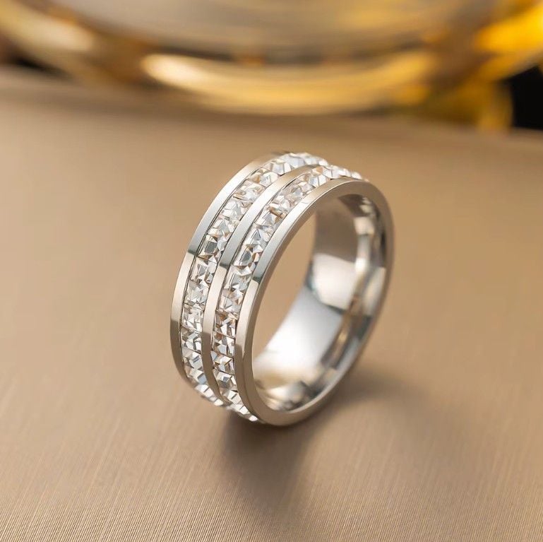 Inel Diamond Duo, Cristale de Zirconiu, Femei, Stainless-steel, Argintiu - Marime 6 (57mm) Engros