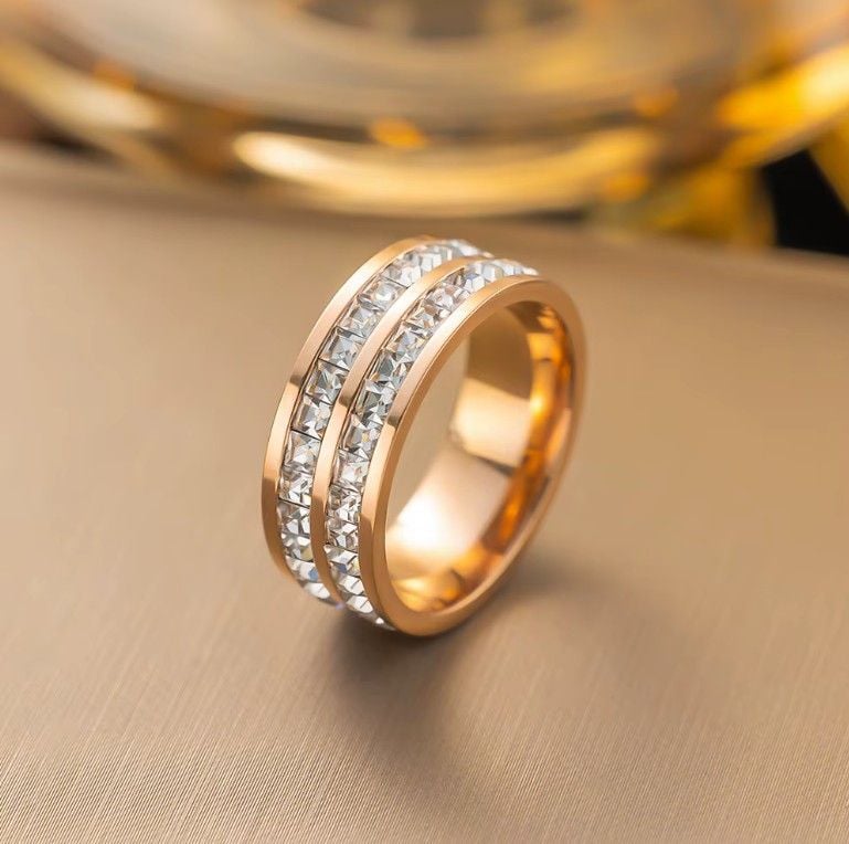 Inel Diamond Duo, Cristale de Zirconiu, Femei, Stainless-steel, Rose-gold - Marime 6 (57mm) Engros