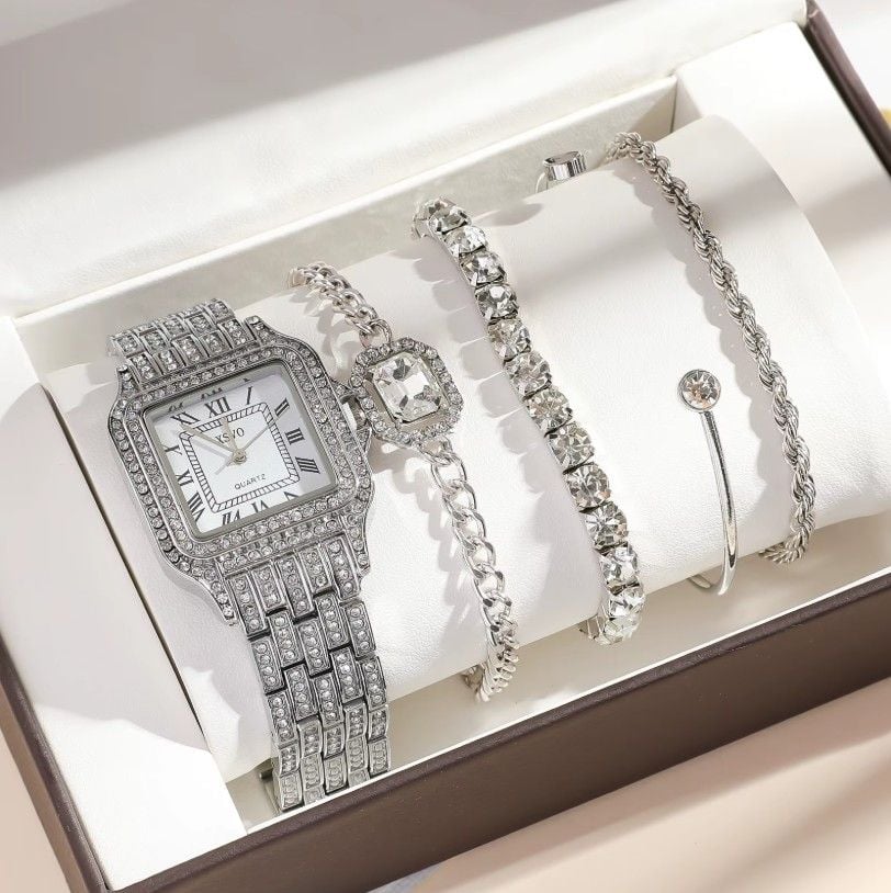 Set Ceas si 4 Bratari Elegante, Model Glamour, Cristale zirconiu, Femei, Metal, Argintiu Engros