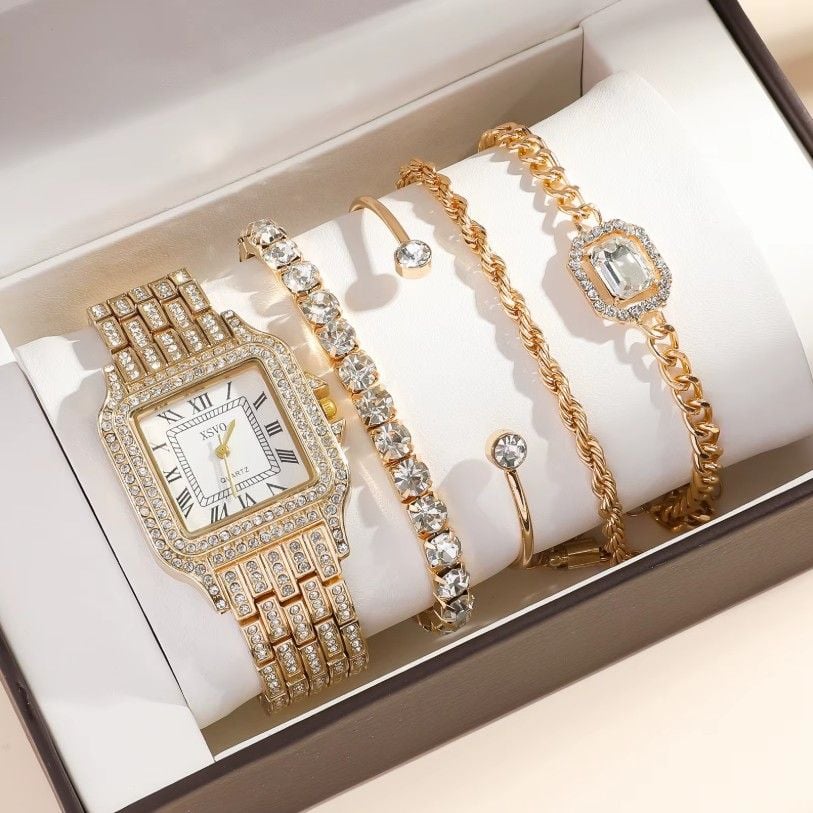 Set Ceas si 4 Bratari Elegante, Model Glamour, Cristale zirconiu, Femei, Metal, Auriu Engros