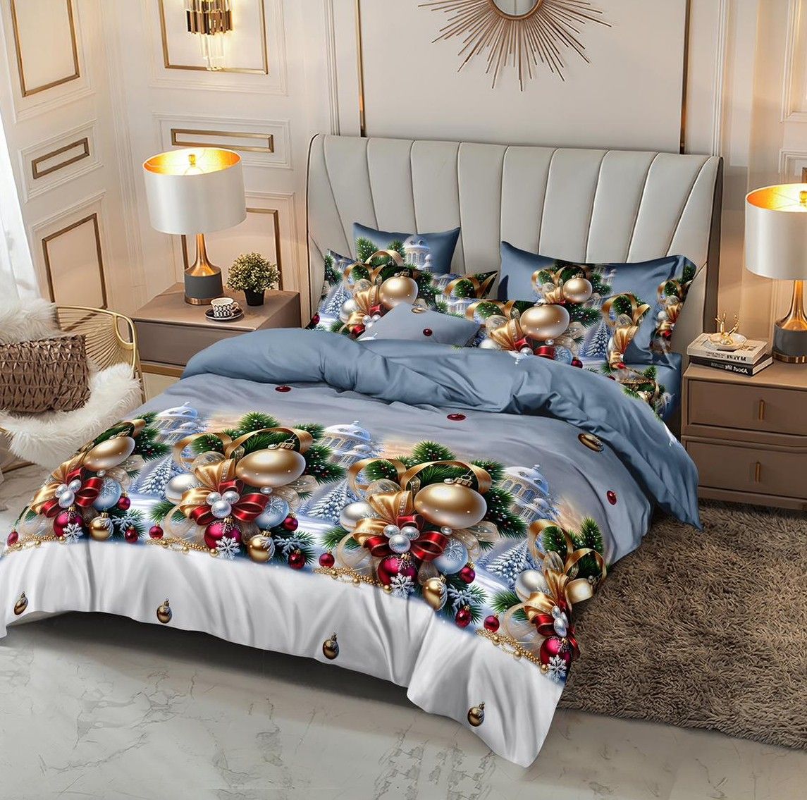Trio Lenjerii Craciun En-Gros, SERIE 3 MODELE DIFERITE, din Bumbac Premium tip Finet, 6 Piese, 220x230cm, cu 4 Fete de Perna