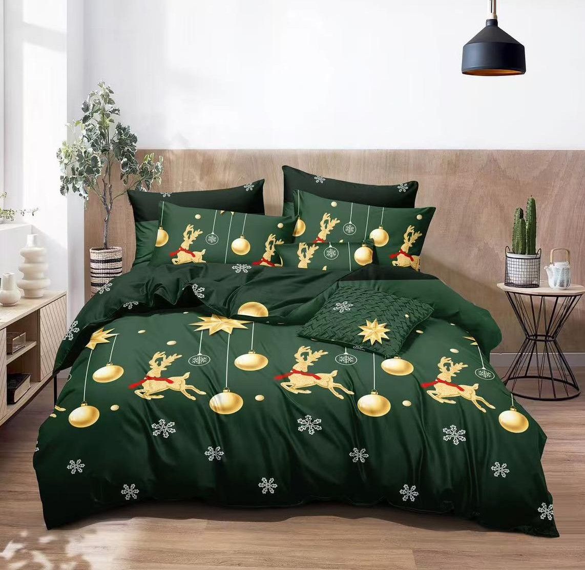 Trio Lenjerii Craciun En-Gros, SERIE 3 MODELE DIFERITE, din Bumbac Premium tip Finet, 6 Piese, 220x230cm, cu 4 Fete de Perna