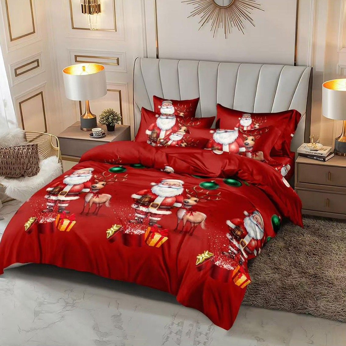 Trio Lenjerii Craciun En-Gros, SERIE 3 MODELE DIFERITE, din Bumbac Premium tip Finet, 6 Piese, 220x230cm, cu 4 Fete de Perna