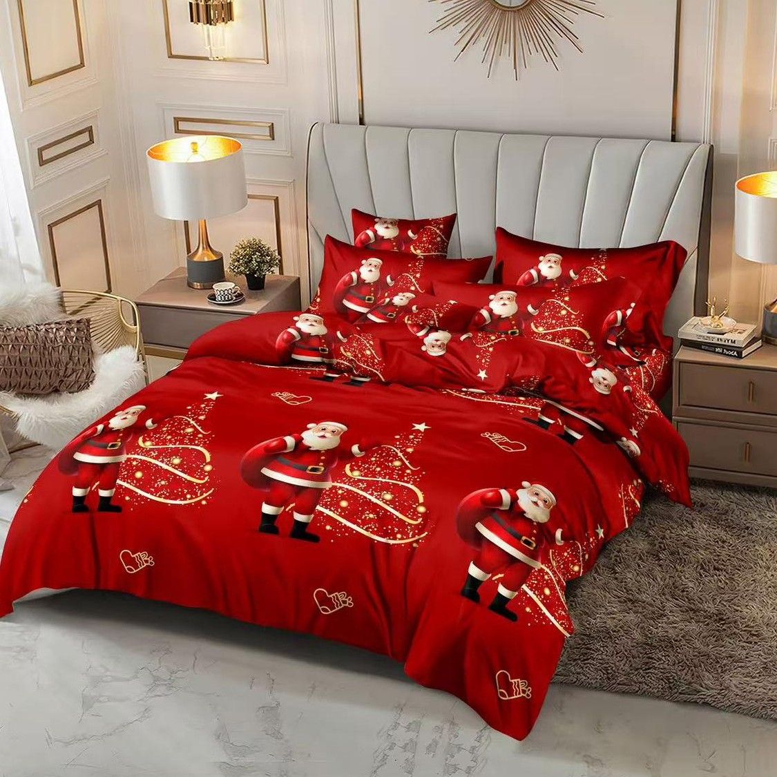 Trio Lenjerii Craciun En-Gros, SERIE 3 MODELE DIFERITE, din Bumbac Premium tip Finet, 6 Piese, 220x230cm, cu 4 Fete de Perna