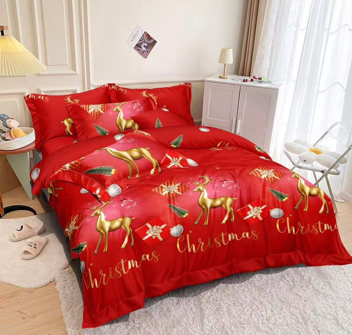 Trio Lenjerii Craciun En-Gros, SERIE 3 MODELE DIFERITE, din Bumbac Premium tip Finet, 6 Piese, 220x230cm, cu 4 Fete de Perna