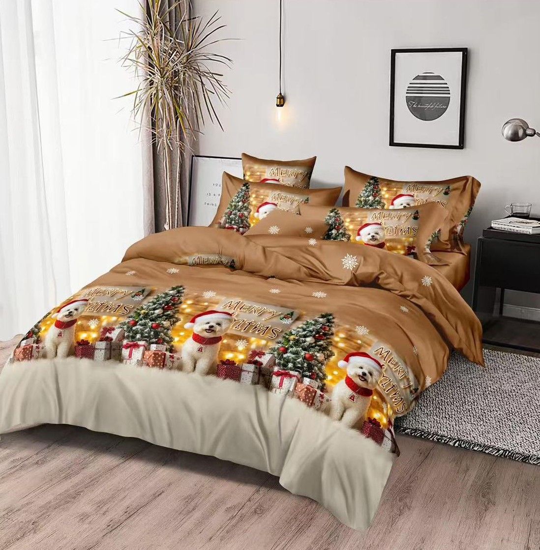 Trio Lenjerii Craciun En-Gros, SERIE 3 MODELE DIFERITE, din Bumbac Premium tip Finet, 6 Piese, 220x230cm, cu 4 Fete de Perna