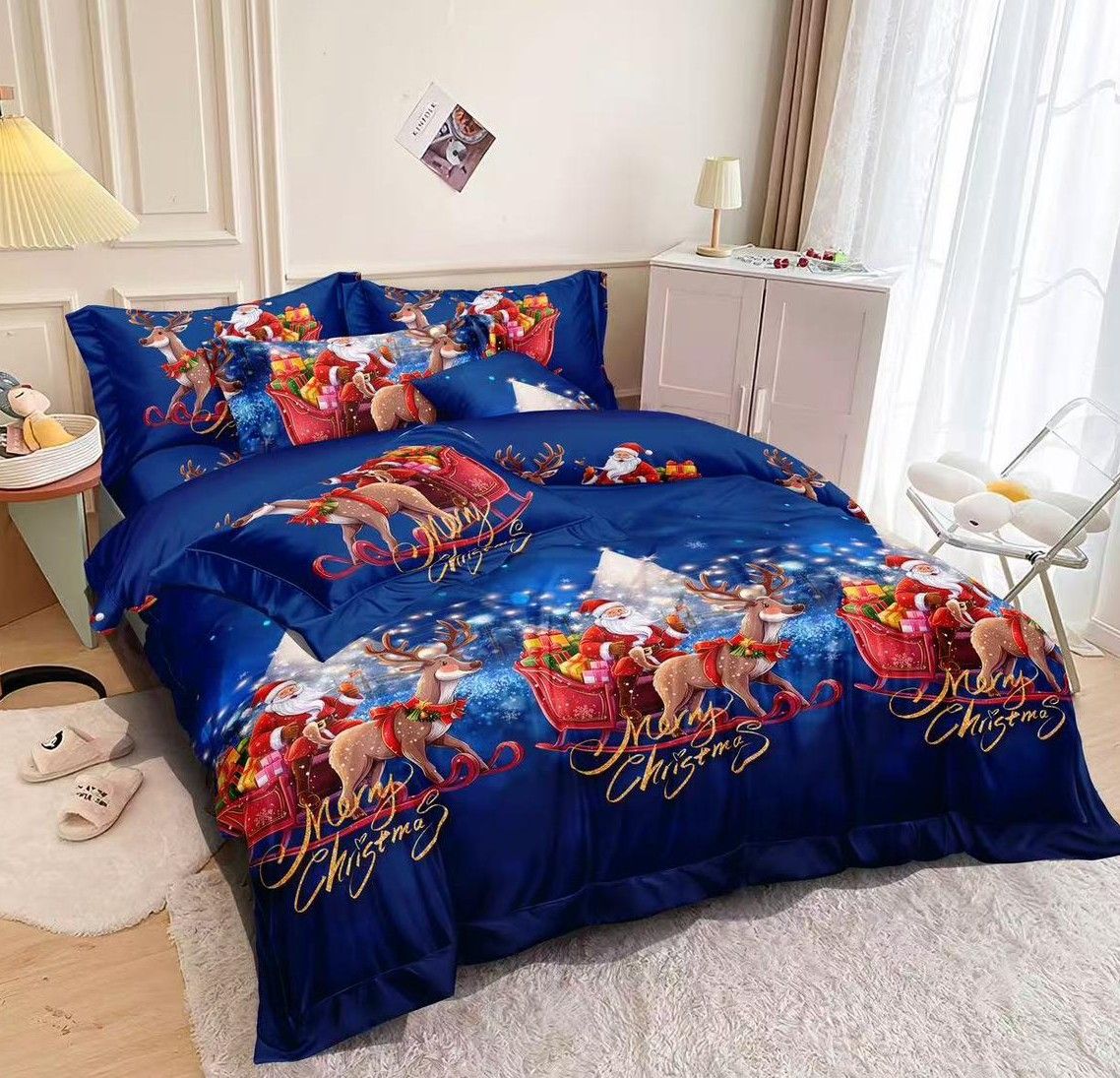 Trio Lenjerii Craciun En-Gros, SERIE 3 MODELE DIFERITE, din Bumbac Premium tip Finet, 6 Piese, 220x230cm, cu 4 Fete de Perna