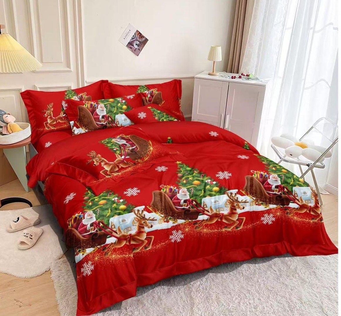 Trio Lenjerii Craciun En-Gros, SERIE 3 MODELE DIFERITE, din Bumbac Premium tip Finet, 6 Piese, 220x230cm, cu 4 Fete de Perna