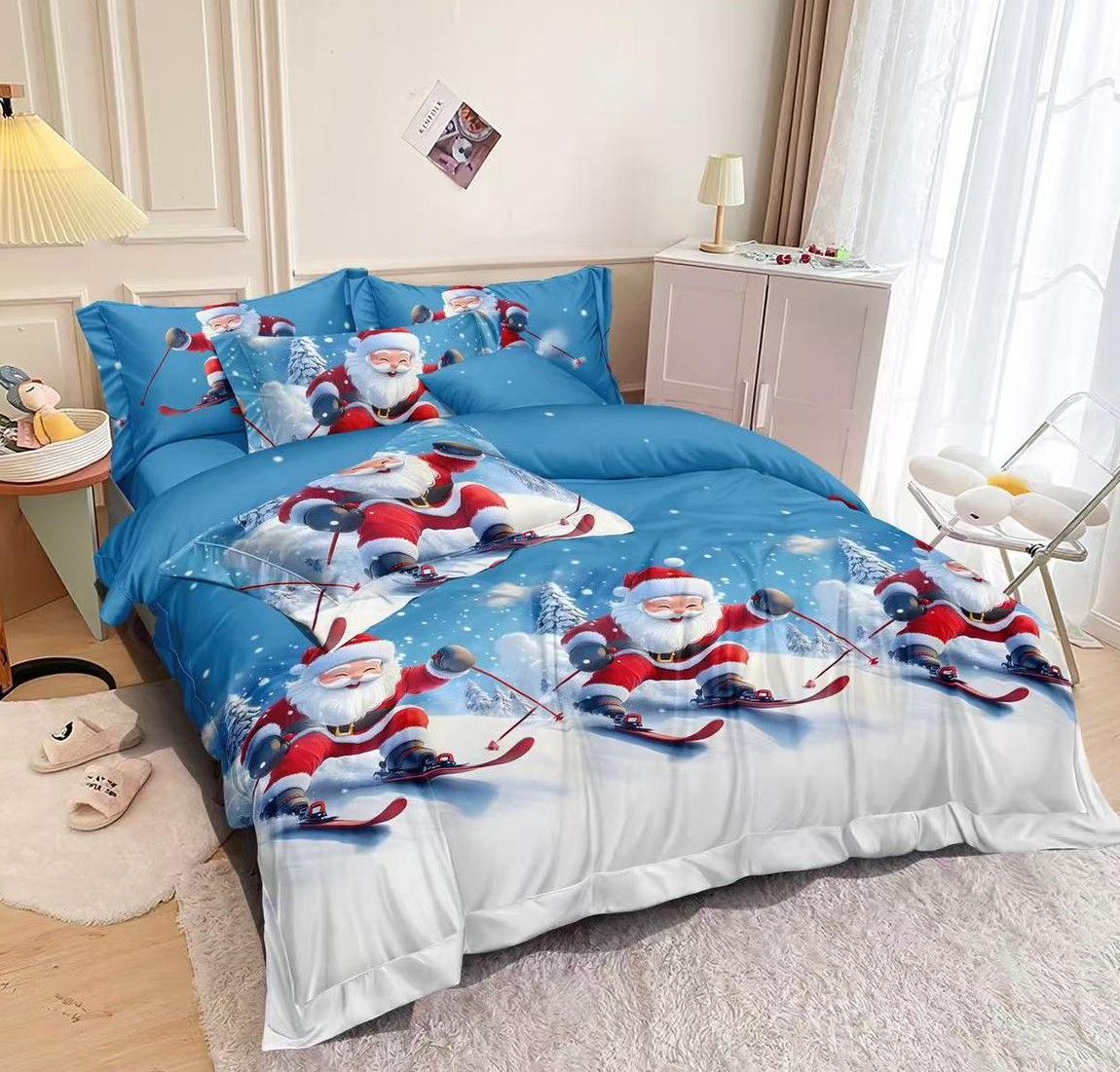 Trio Lenjerii Craciun En-Gros, SERIE 3 MODELE DIFERITE, din Bumbac Premium tip Finet, 6 Piese, 220x230cm, cu 4 Fete de Perna