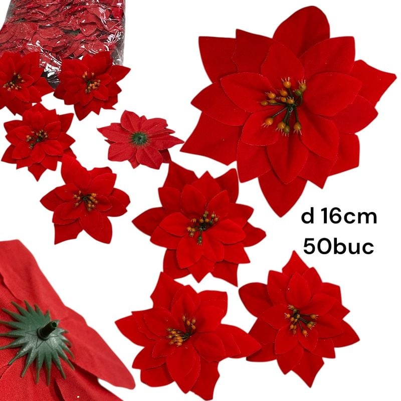 Capete de floare Crăciuniță roșie, 16 cm, set 50 bucăți – flori artificiale pentru decorațiuni, en-gros