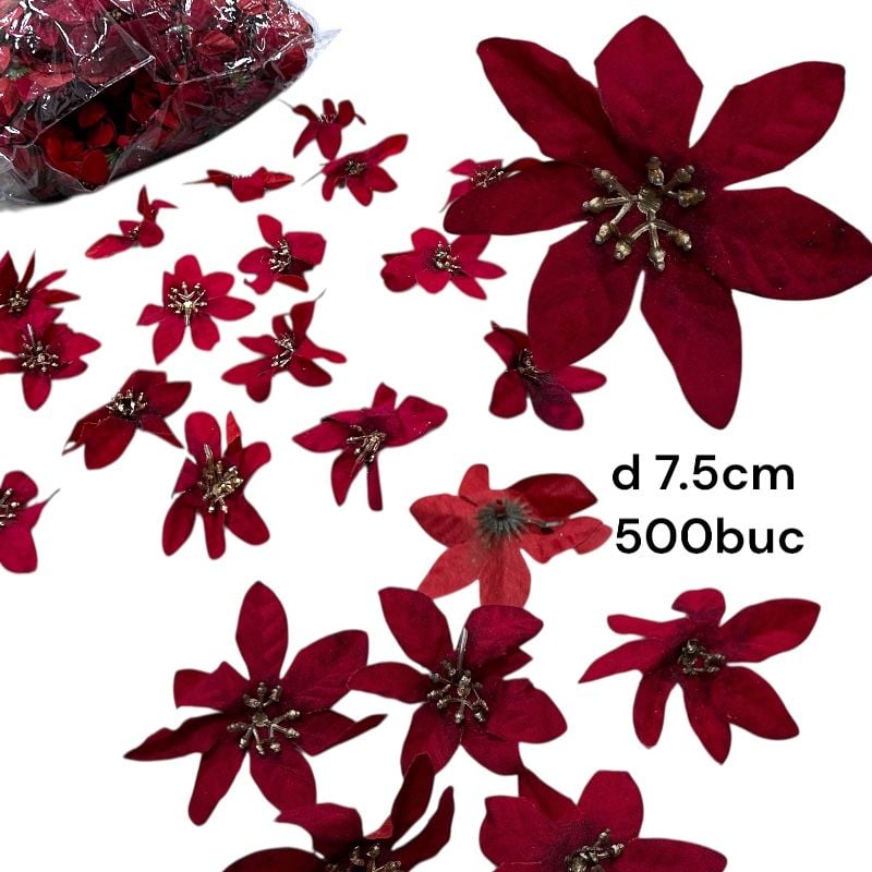 Capete de floare Crăciuniță roșie, 7.5 cm, set 500 bucăți – flori artificiale pentru decorațiuni, en-gros