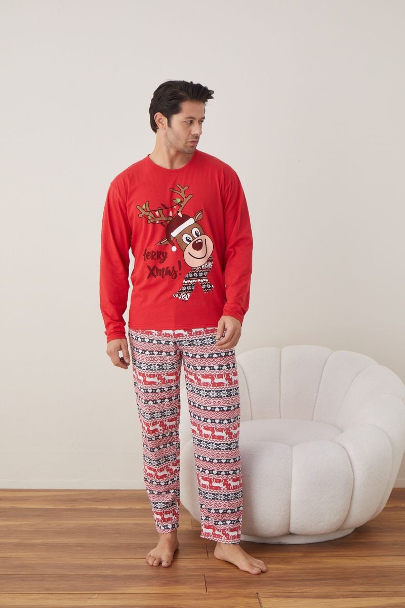 Pijama barbat Craciun maneca lunga pantaloni lungi rosu Herry Xmas ENGROS