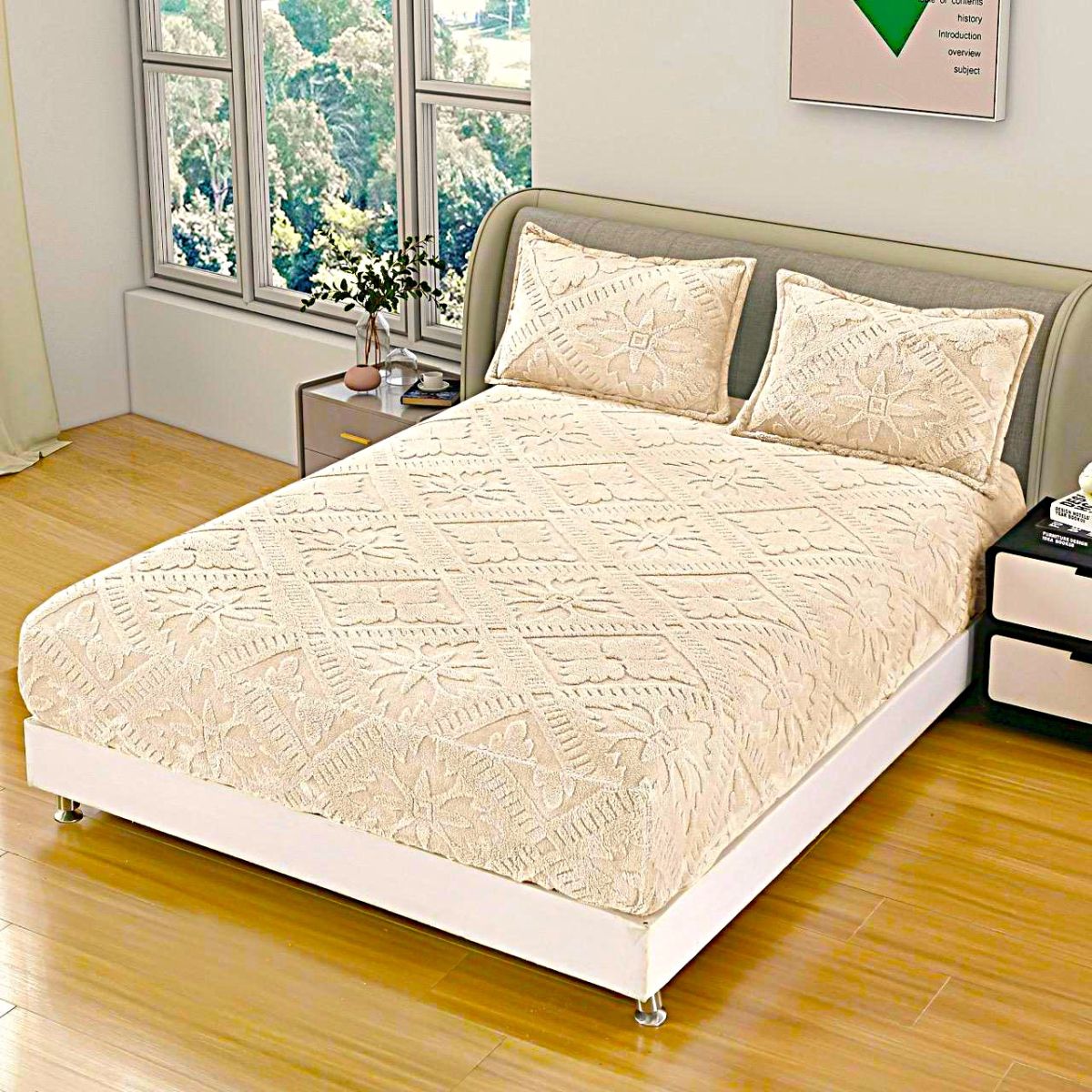 Set Huse En-Gros, Crem, cu Elastic, 3 Piese, 180x200cm, Material Cocolino Premium Tricotat, Model in Relief, cu 2 Fete de Perna Incluse