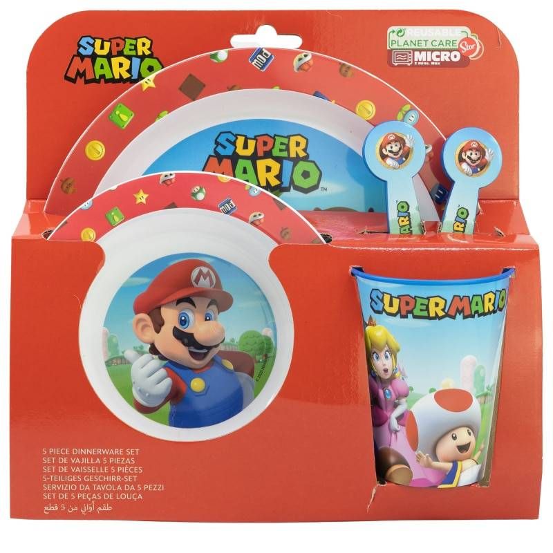 Set 5 piese pentru servit masa, plastic, fara BPA, multicolor, utilizabil la microunde, Super Mario Engros