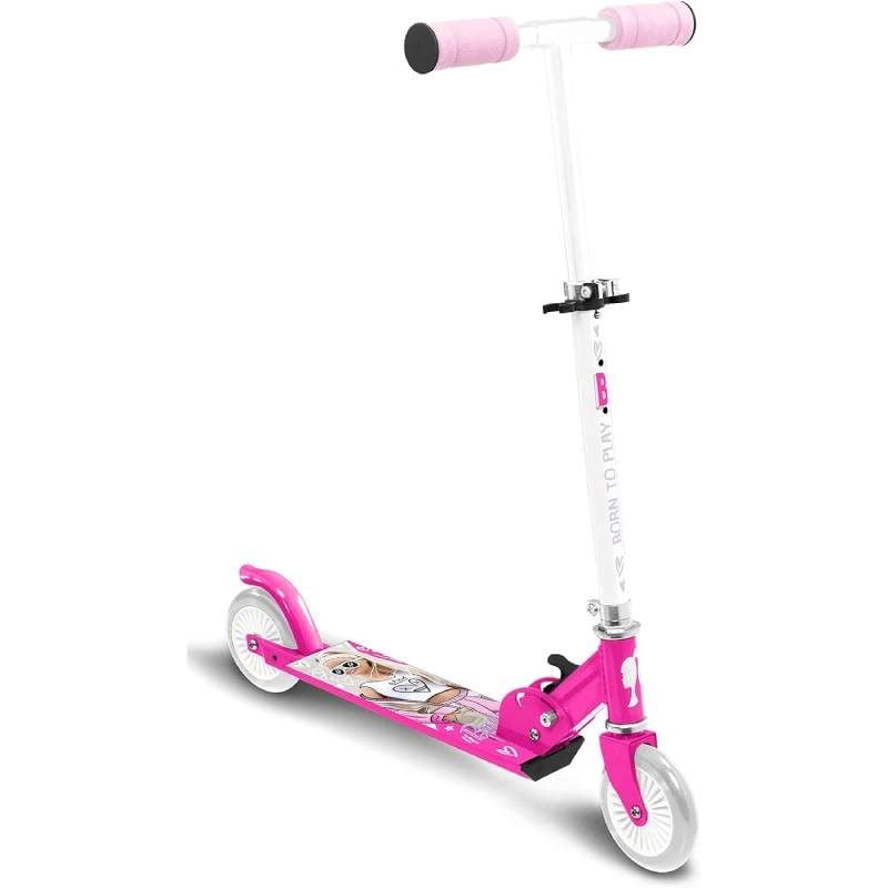 Trotineta pliabila cu 2 roti 3 ani +, multicolor, ghidon ajustabil, manere pliabile, platforma antiderapanta, frana posterioara cu piciorul, Barbie Engros