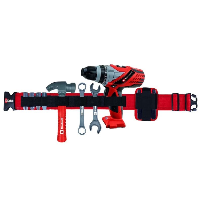 Centura cu unelte, ciocan, cheie fixa, cheie hexagonala, surubelnita cu acumulator si 4 biti, multicolor, Einhell Kids Engros