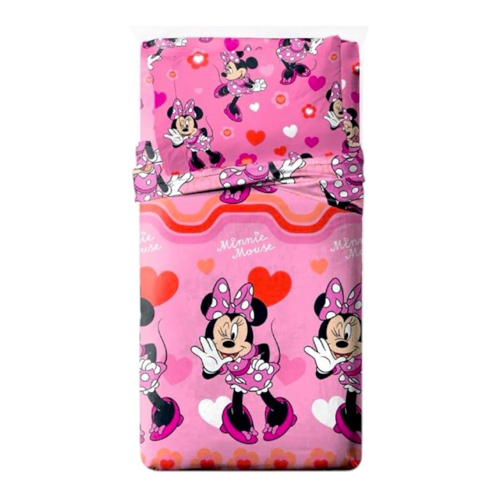 Set lenjerie pat, 4 piese, husa saltea 160x200 cm, cearceaf pat 240x280 cm, 2 fete perna 50x70 cm, multicolor, Minnie Mouse Engros