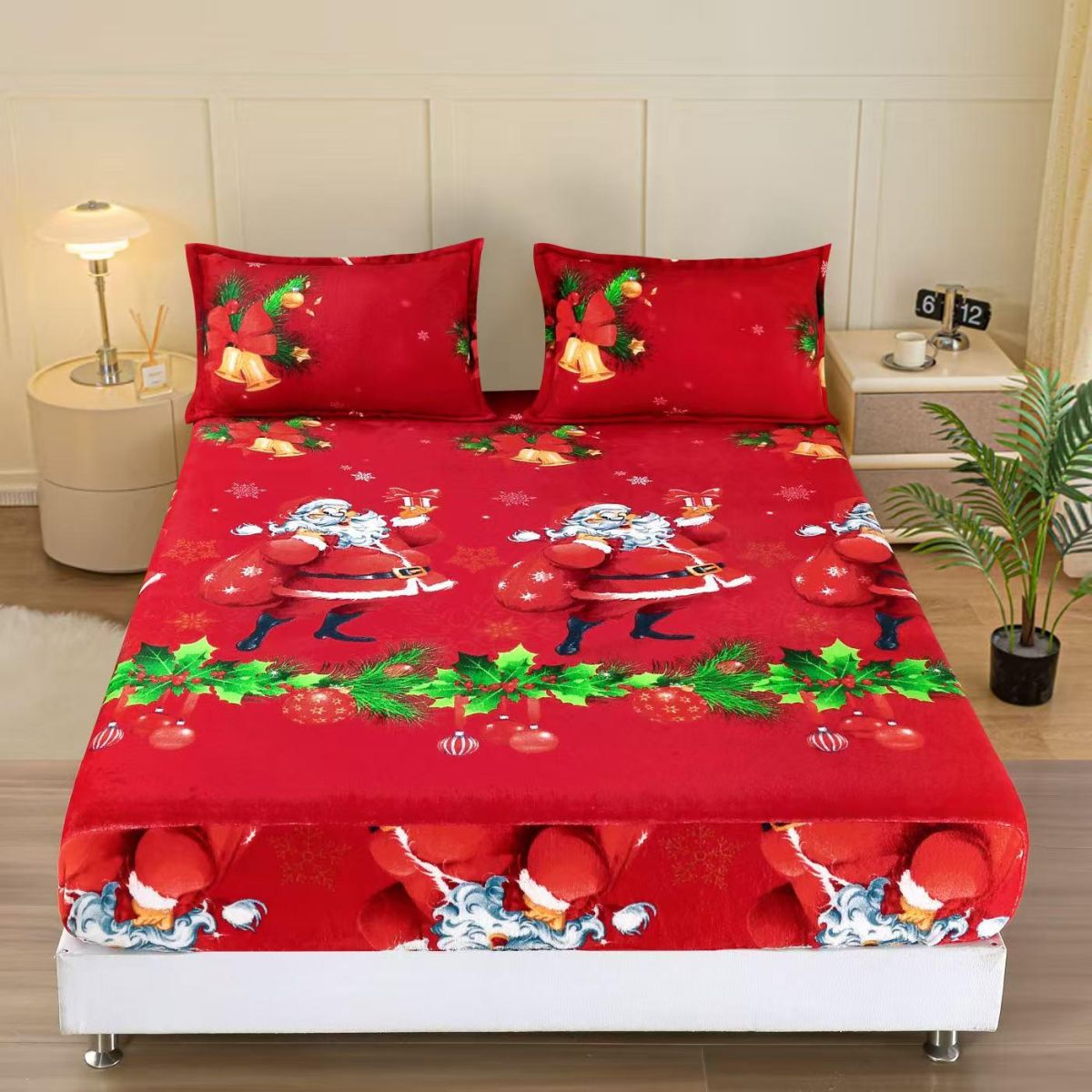 Huse Craciun En-Gros, Rosu, Material Cocolino Premium, Set 3 Piese, pentru Pat Dublu, 180x200cm, cu 2 Fete de Perna