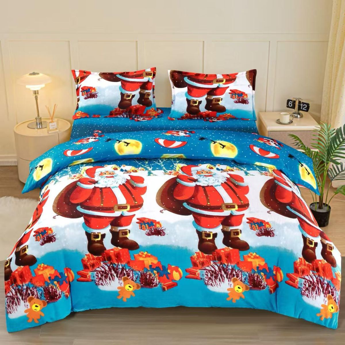 Lenjerii Craciun En-Gros, Albastru, 4 Piese, Material Cocolino Premium, Cearceaf de Pat cu Elastic 180x200cm,